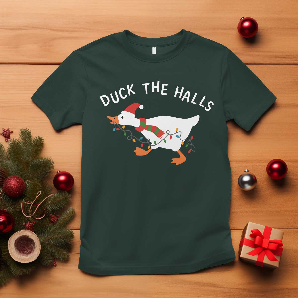 Funny Christmas Silly Goose T Shirt Funny Duck the Halls TS10 Dark Forest Green Print Your Wear