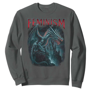 Feminism Dragon Sweatshirt Retro Vintage Gothic Fantasy Castle Feminist Empowerment TS10 Dark Heather Print Your Wear