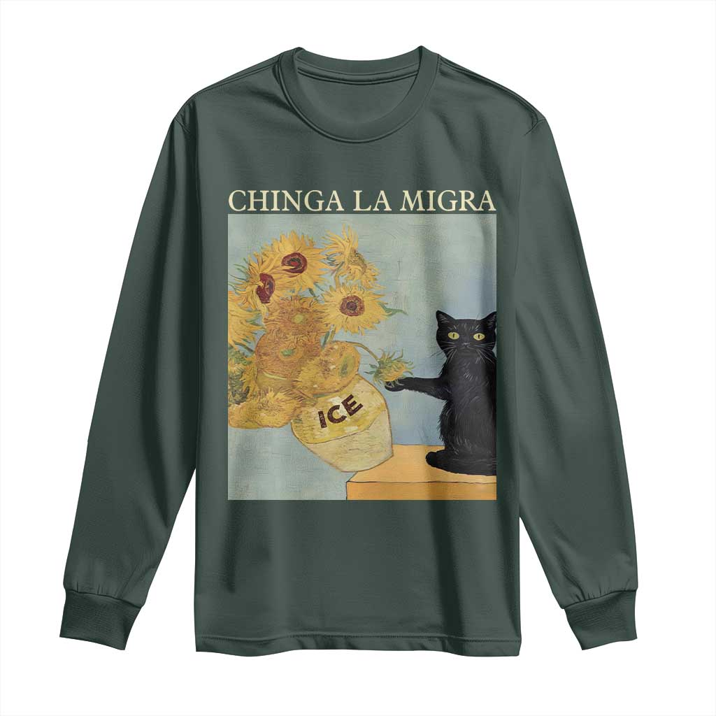 Chinga la Migra Long Sleeve Shirt Subtle FDT Black Cat Meme Van Gogh Art TS10 Dark Forest Green Print Your Wear