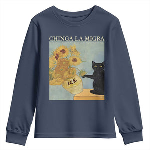 Chinga la Migra Youth Sweatshirt Subtle FDT Black Cat Meme Van Gogh Art TS10 Navy Print Your Wear