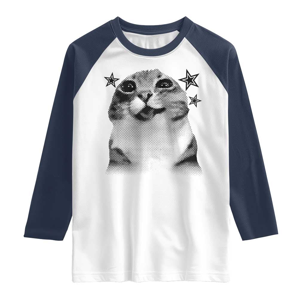 Funny Y2k Cat Meme Raglan Shirt Vintage Retro Silly Cats Cats lover Gift TS10 White Navy Print Your Wear