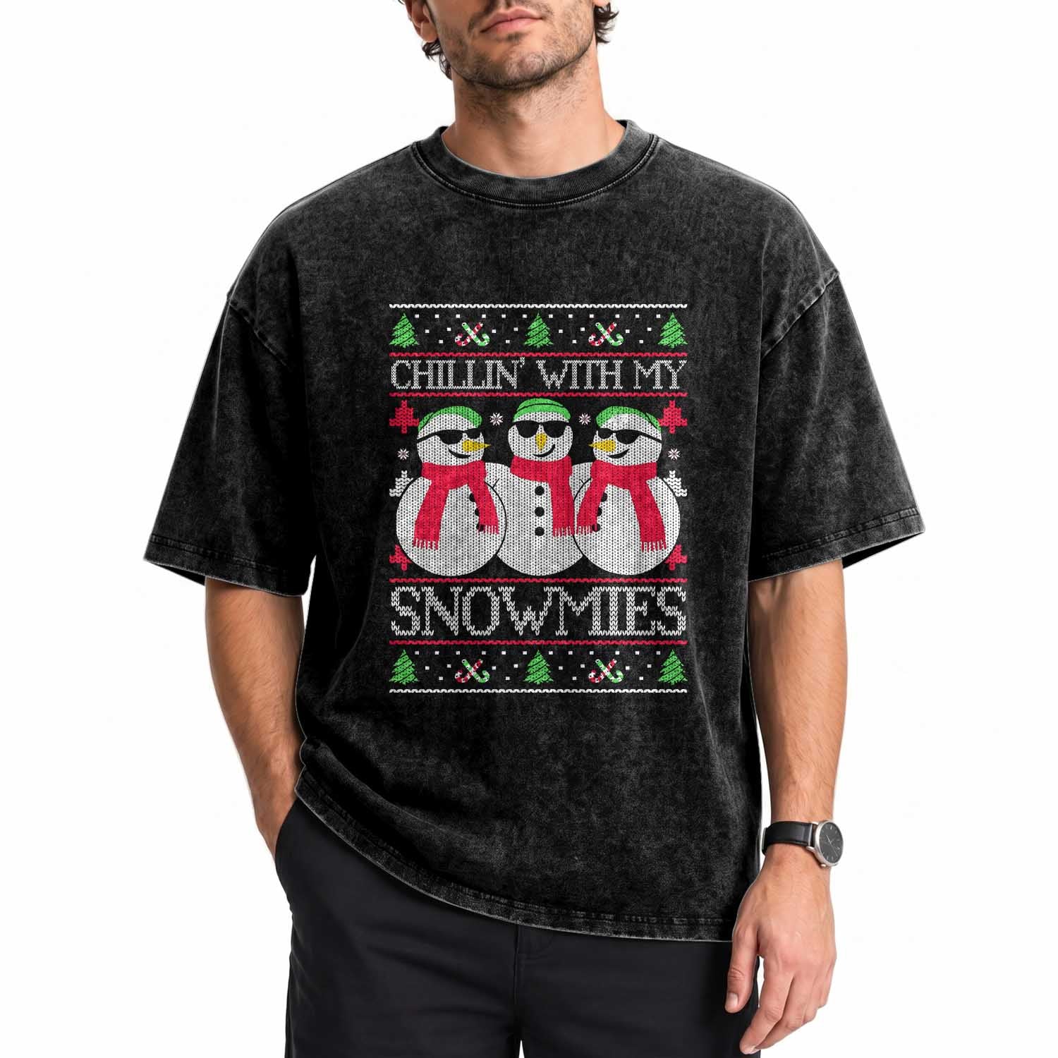 Chillin With My Snowmies Washed Cotton T-Shirt Funny Snowman Christmas Kids Boys Ugly Xmas