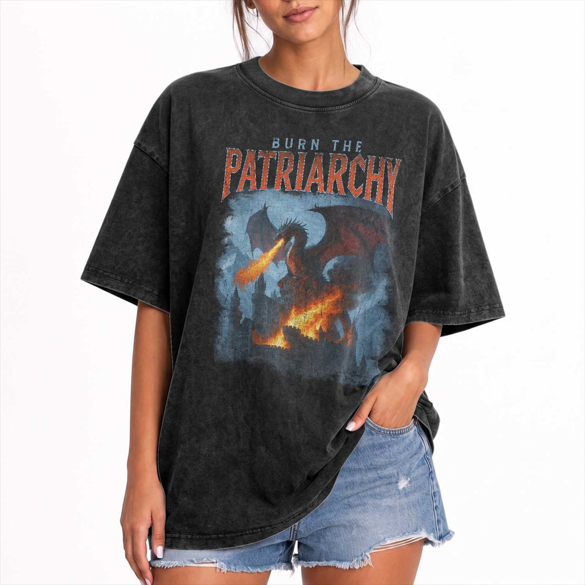 Vintage 90s Feminism Dragon Washed Cotton T-Shirt Burn the Patriarchy TS10 Print Your Wear