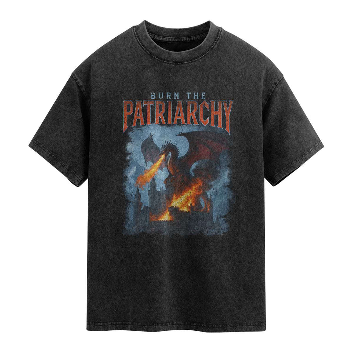 Vintage 90s Feminism Dragon Washed Cotton T-Shirt Burn the Patriarchy TS10 Black Print Your Wear