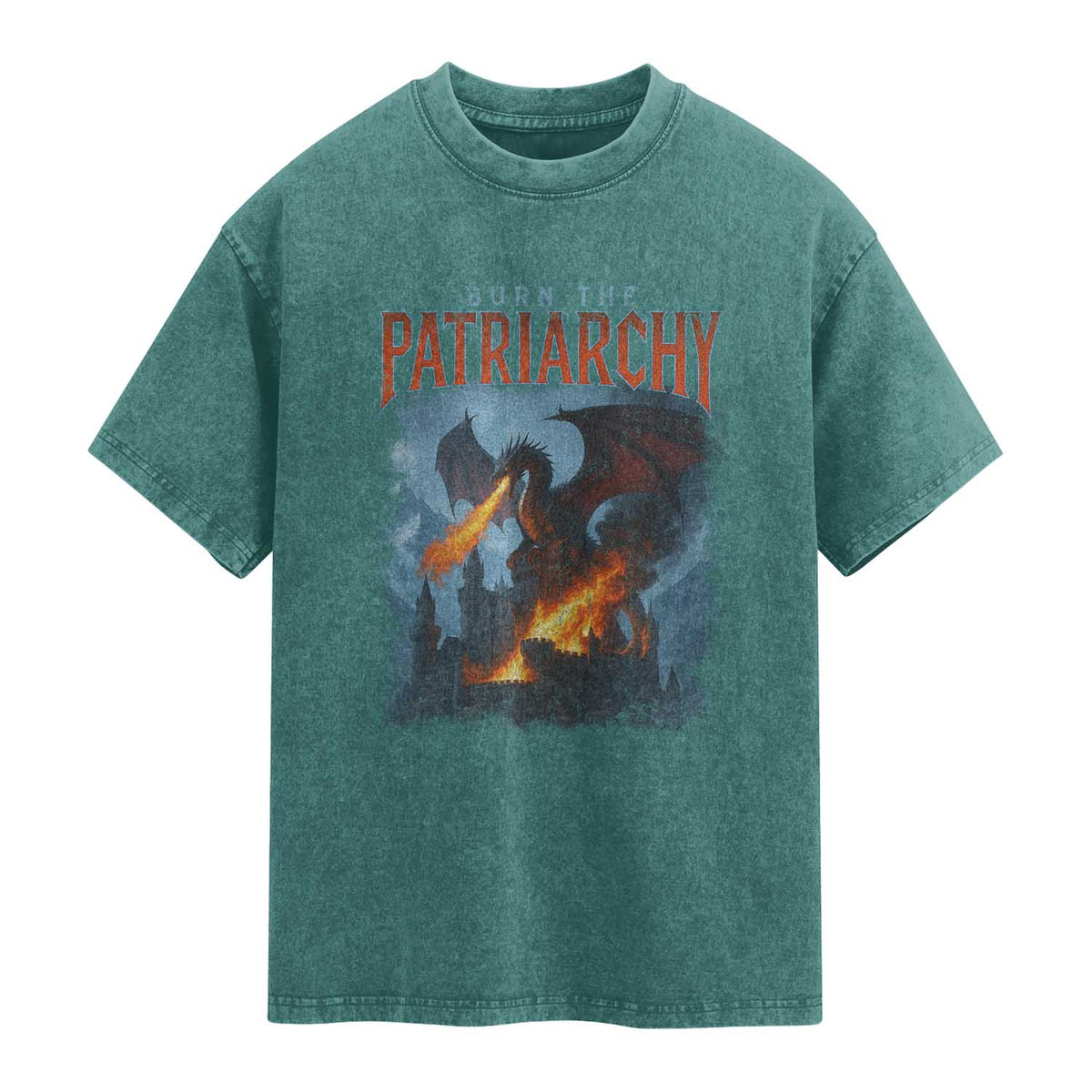 Vintage 90s Feminism Dragon Washed Cotton T-Shirt Burn the Patriarchy TS10 Teal Green Print Your Wear
