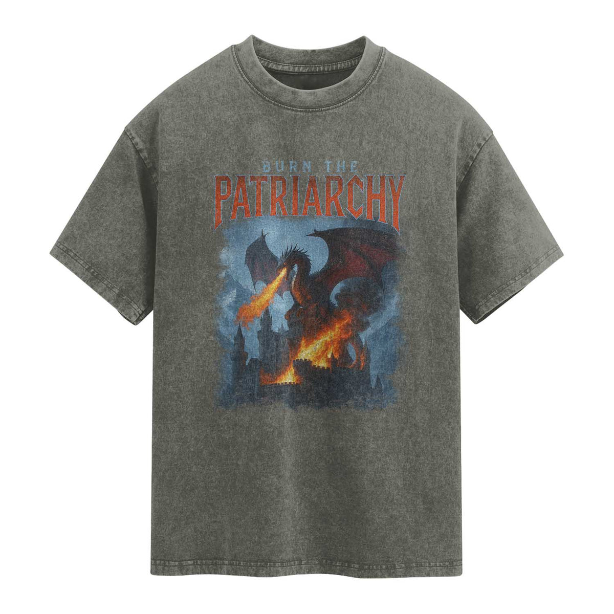 Vintage 90s Feminism Dragon Washed Cotton T-Shirt Burn the Patriarchy TS10 Olive Green Print Your Wear
