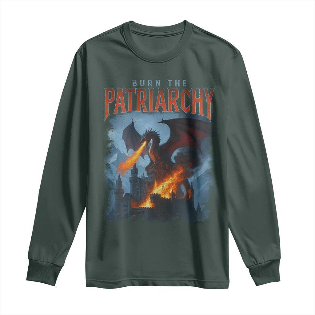 Vintage 90s Feminism Dragon Long Sleeve Shirt Burn the Patriarchy TS10 Dark Forest Green Print Your Wear