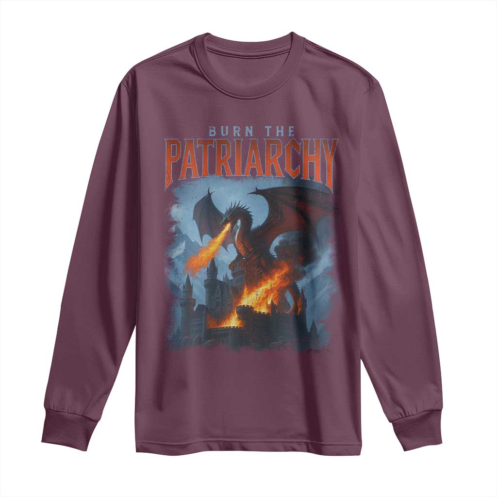 Vintage 90s Feminism Dragon Long Sleeve Shirt Burn the Patriarchy TS10 Maroon Print Your Wear