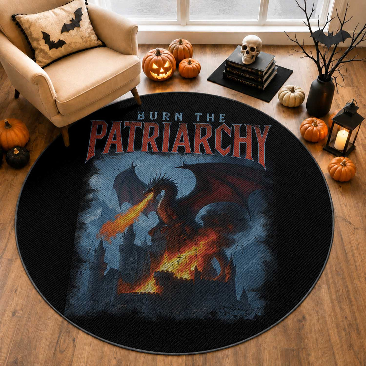 Vintage 90s Feminism Dragon Round Rug Burn the Patriarchy