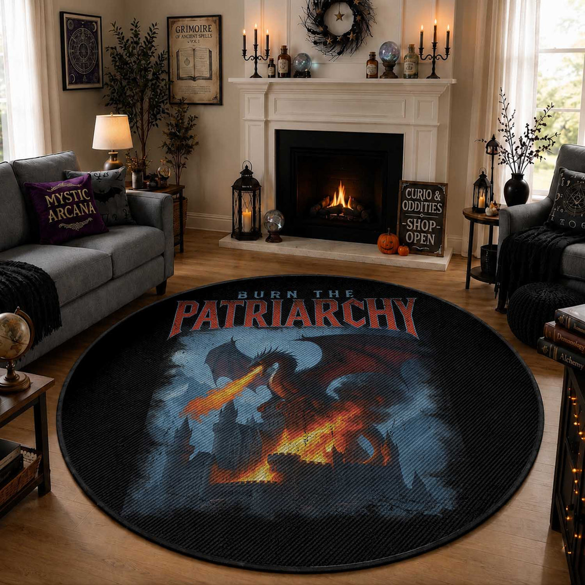 Vintage 90s Feminism Dragon Round Rug Burn the Patriarchy