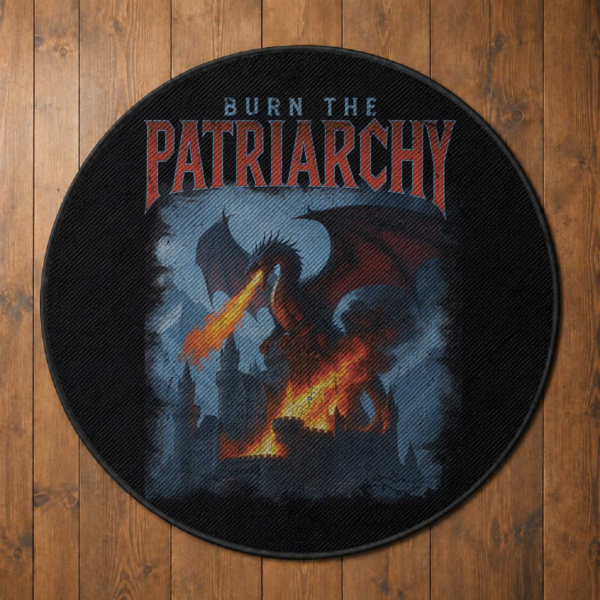 Vintage 90s Feminism Dragon Round Rug Burn the Patriarchy