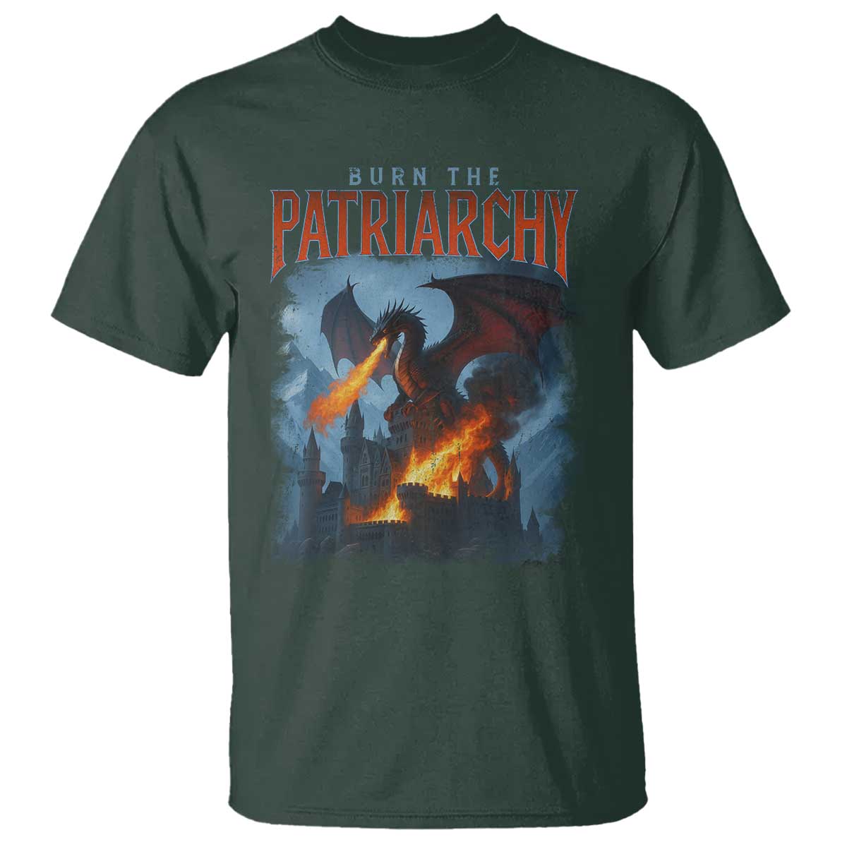Vintage 90s Feminism Dragon T Shirt Burn the Patriarchy TS10 Dark Forest Green Print Your Wear