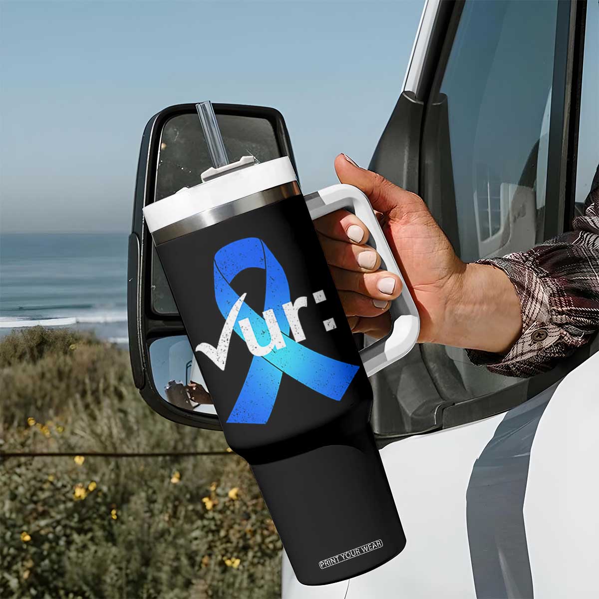 Colon Cancer Awareness Tumbler With Handle Blue Ribbon Colonoscopy Colorectal TS10 Print Your Wear