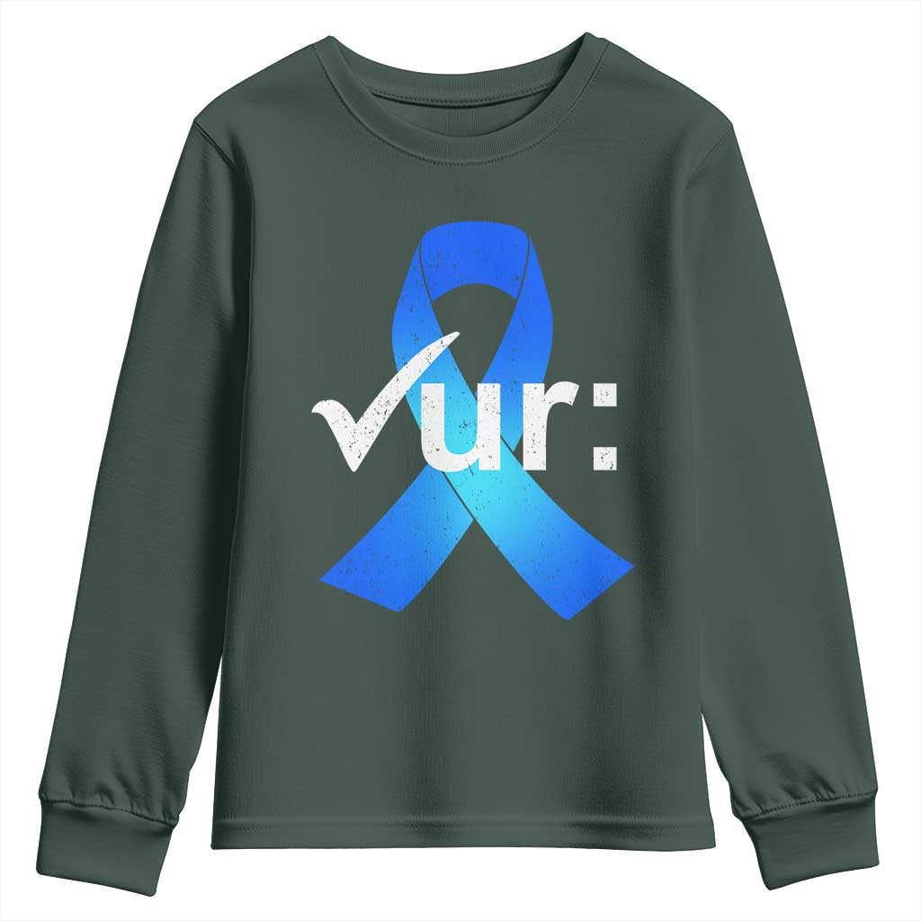 Colon Cancer Awareness Youth Sweatshirt Blue Ribbon Colonoscopy Colorectal TS10 Dark Forest Green Print Your Wear