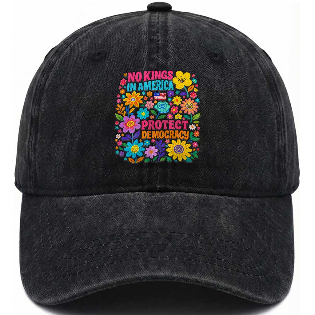 No Kings In America Protest Democraty Washed Cotton Baseball Cap Floral Resist TS10 Print Your Wear