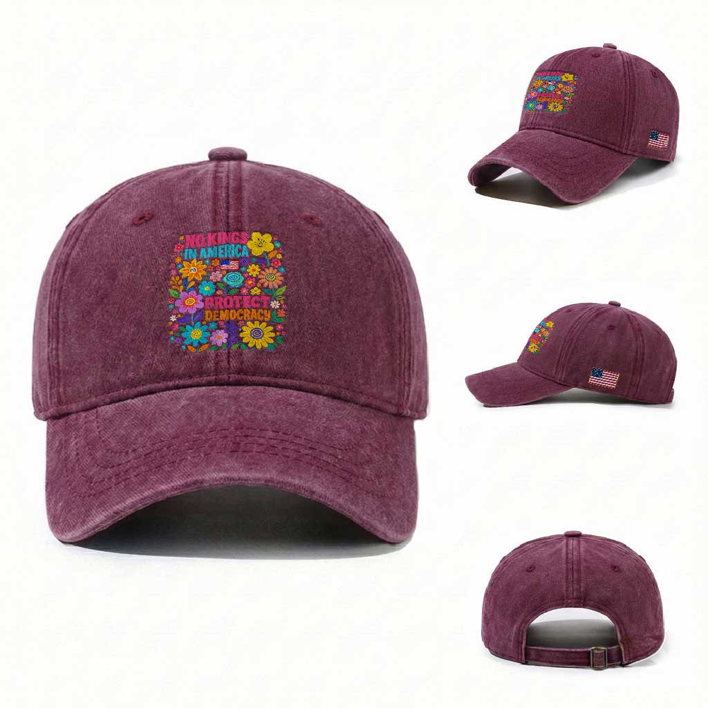 No Kings In America Protest Democraty Washed Cotton Baseball Cap Floral Resist TS10 Washed Cap Universal Fit Burgundy Print Your Wear
