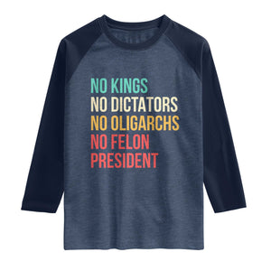 No Kings Raglan Shirt Retro Resistance TS10 Heather Denim Navy Print Your Wear
