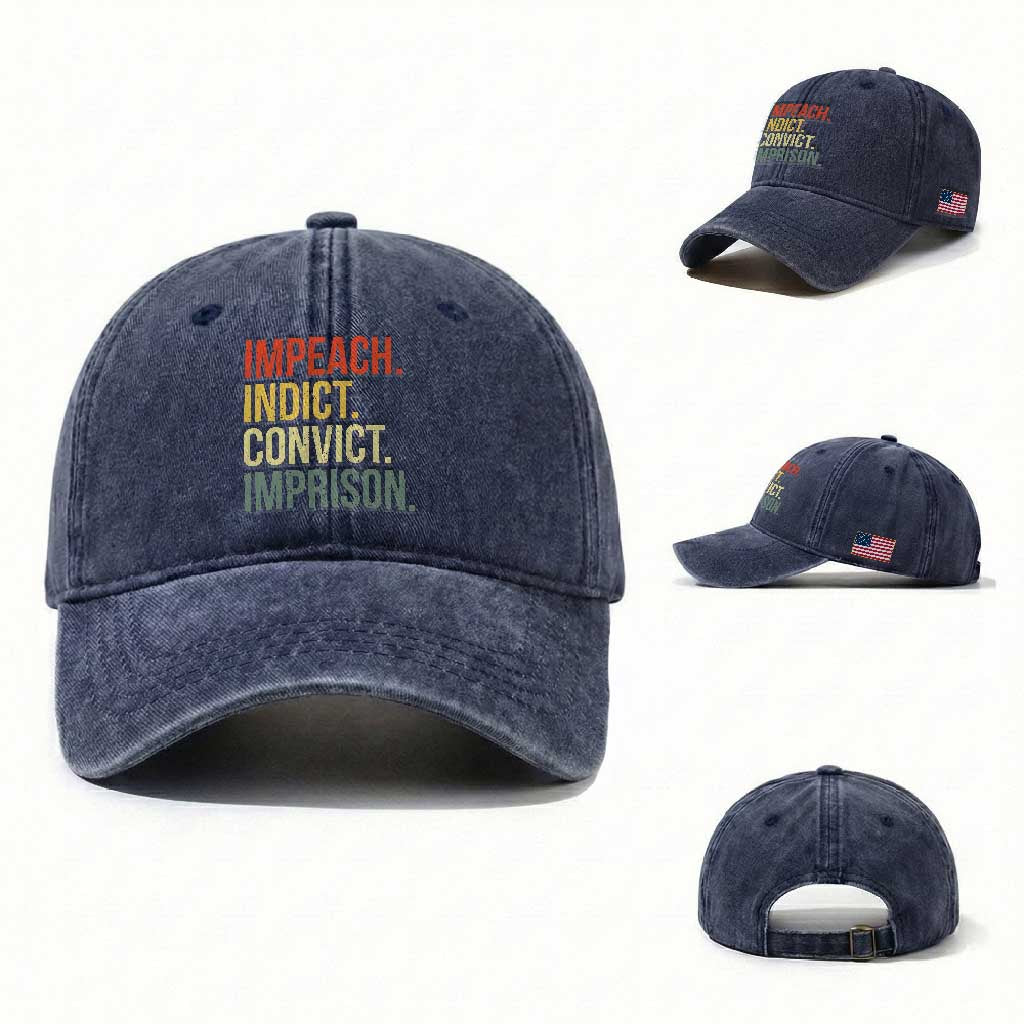Impeach Indict Convict Imprison Washed Cotton Baseball Cap Subtle FDT TS10 Washed Cap Universal Fit Navy Print Your Wear