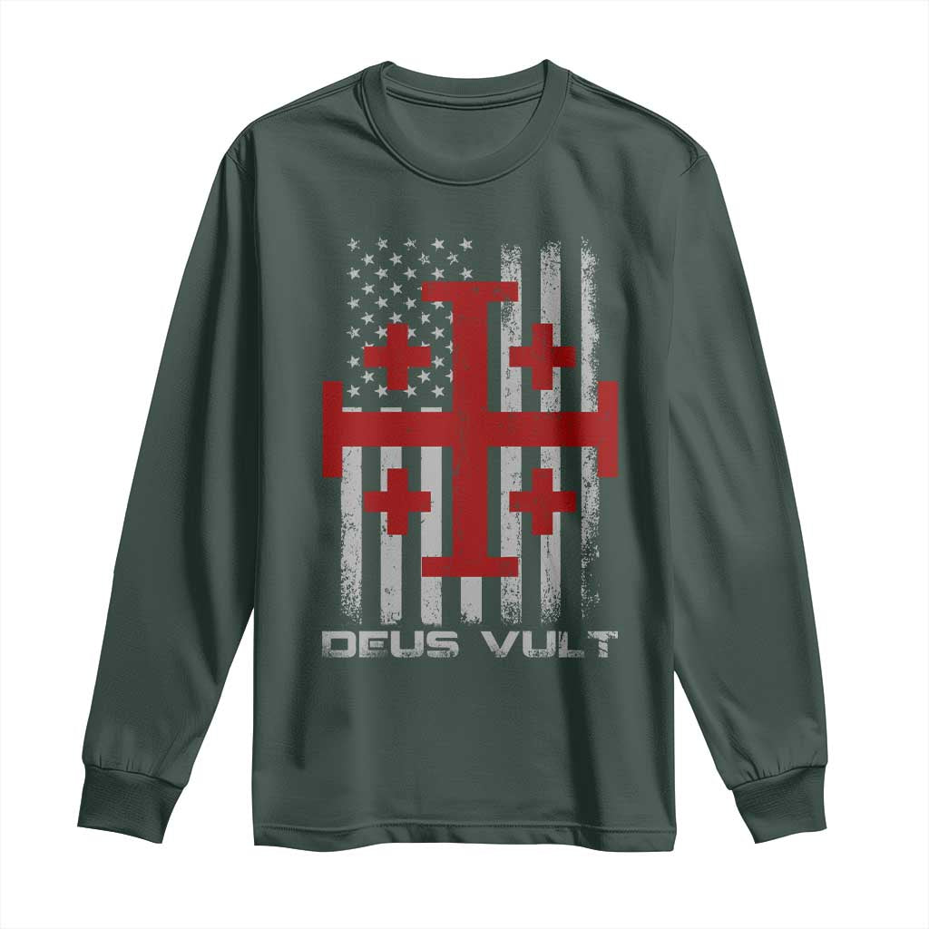 Catholic Knight Templar Crusader Cross Long Sleeve Shirt Knight Templar Patriotic American Flag TS10 Dark Forest Green Print Your Wear