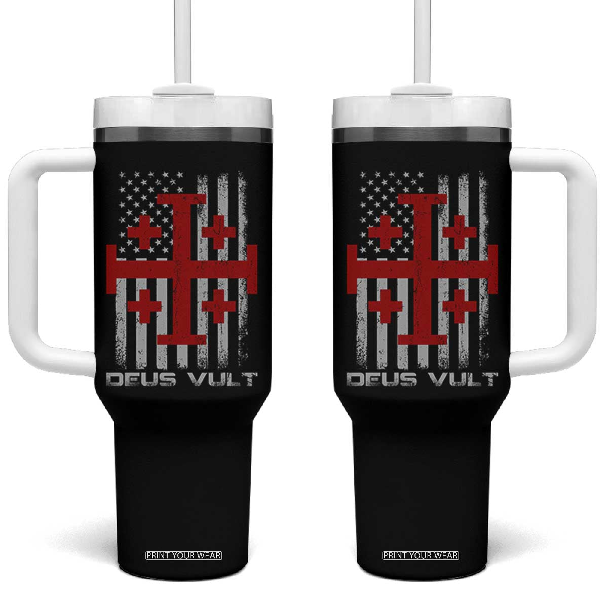 Catholic Knight Templar Crusader Cross Tumbler With Handle Knight Templar Patriotic American Flag TS10 One Size: 40 oz Black Print Your Wear