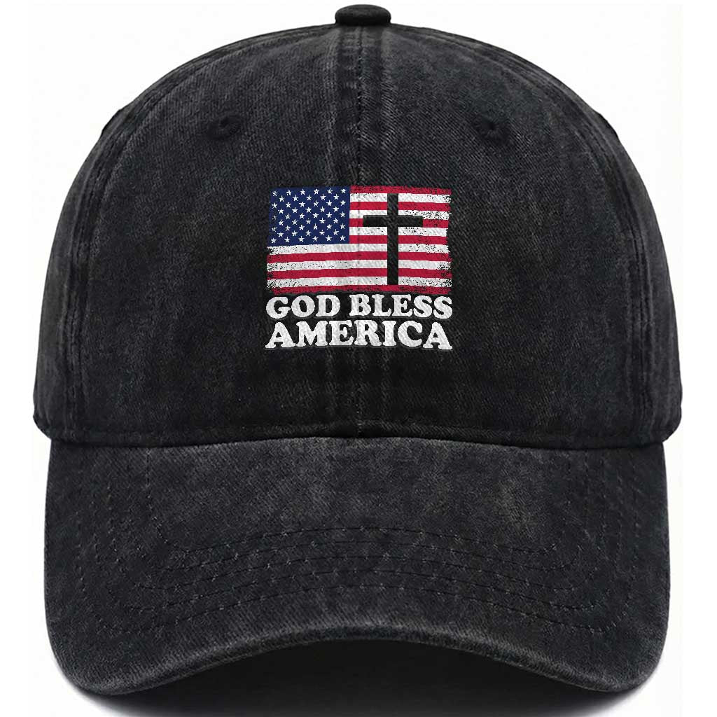 God Bless America Washed Cotton Baseball Cap Cross USA Flag Patriotic 4th of July Christian TS10 Washed Cap Universal Fit Black Print Your Wear