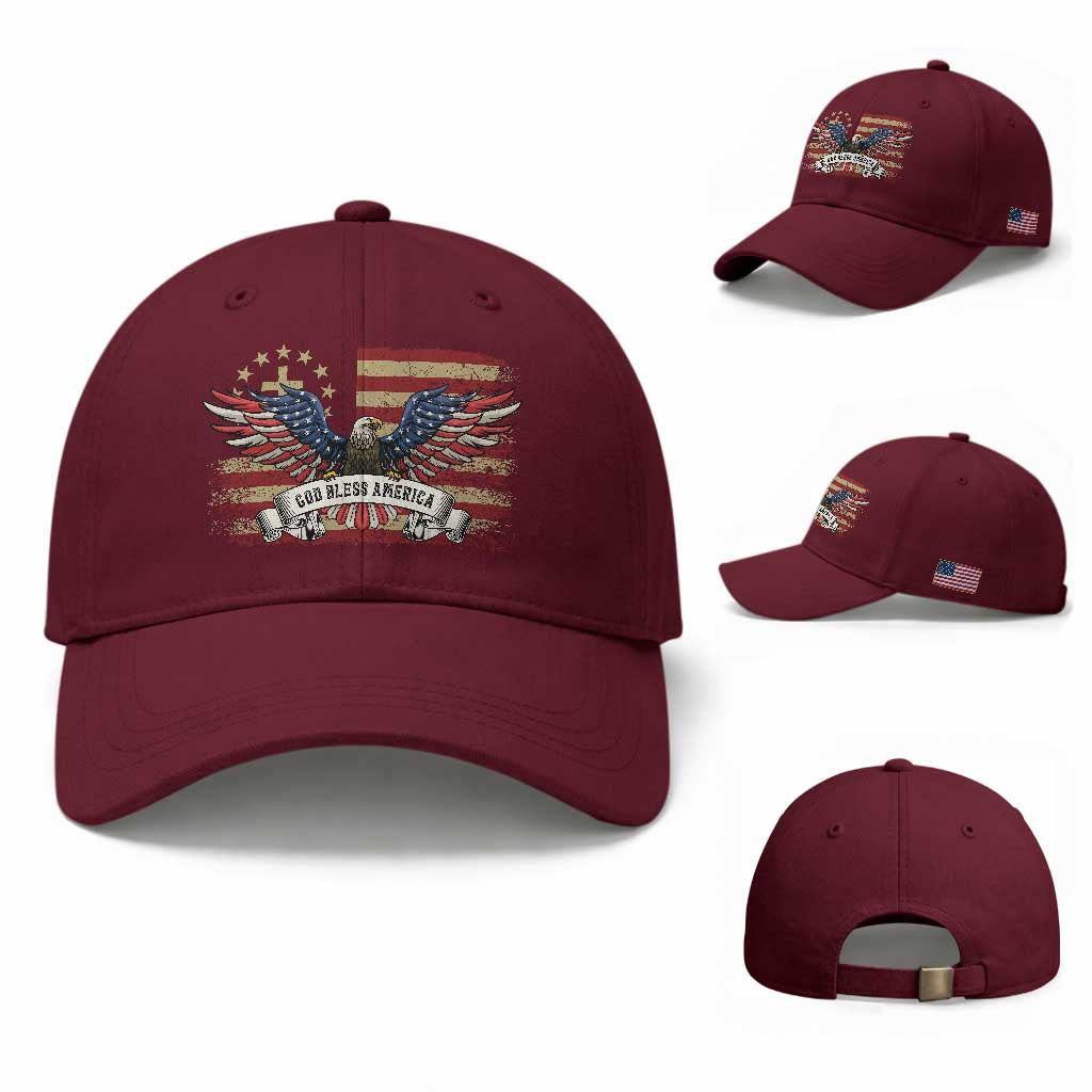 God Bless America Baseball Cap Vintage Eagle Christian Cross Flag 4th Of July TS10 Baseball Cap Universal Fit Maroon Print Your Wear