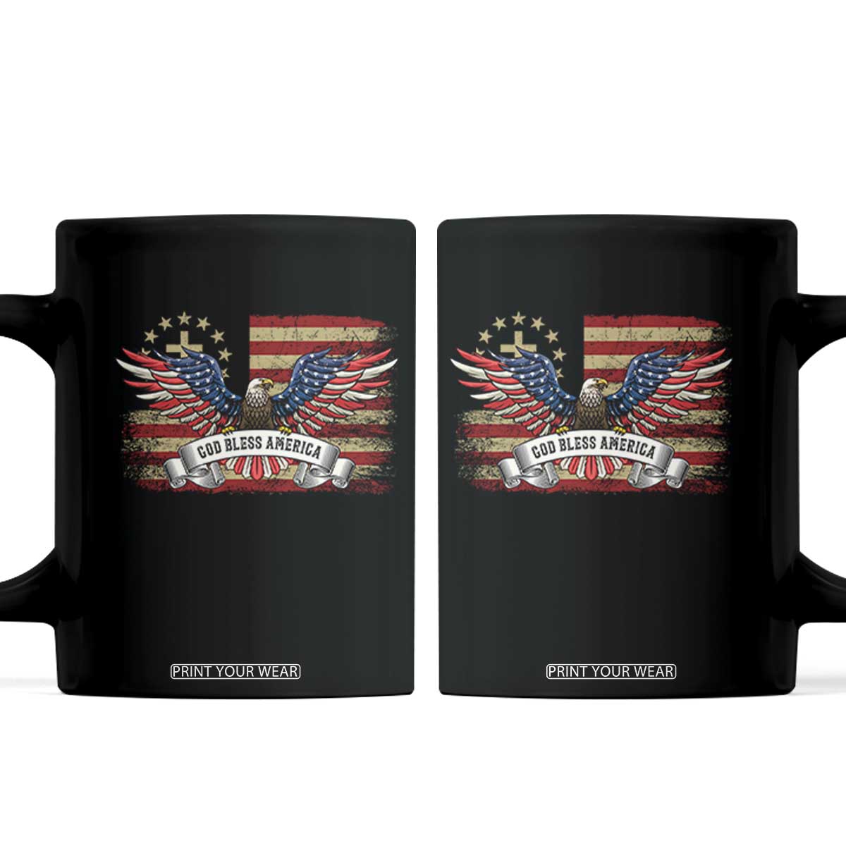 God Bless America Coffee Mug Vintage Eagle Christian Cross Flag 4th Of July TS10 Black Print Your Wear