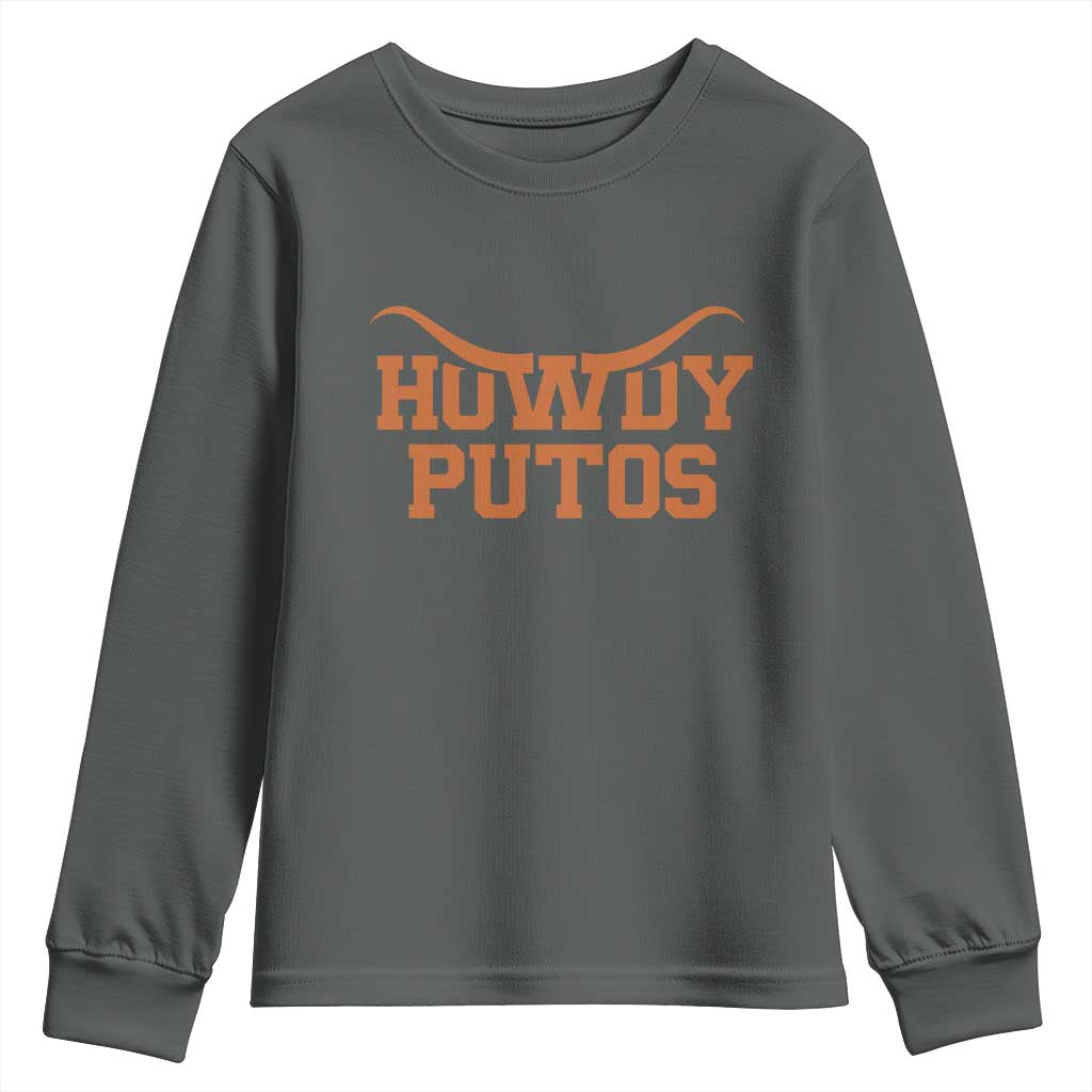 Howdy Putos Youth Sweatshirt Funny Western Cowboy Spanish Slang TS10 Dark Heather Print Your Wear