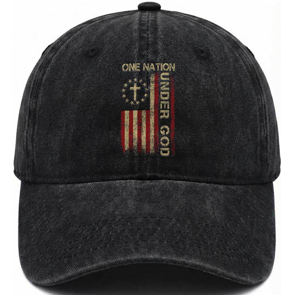 One Nation Under God Washed Cotton Baseball Cap American Flag 4th Of July Patriotic Christian TS10 Washed Cap Universal Fit Black Print Your Wear