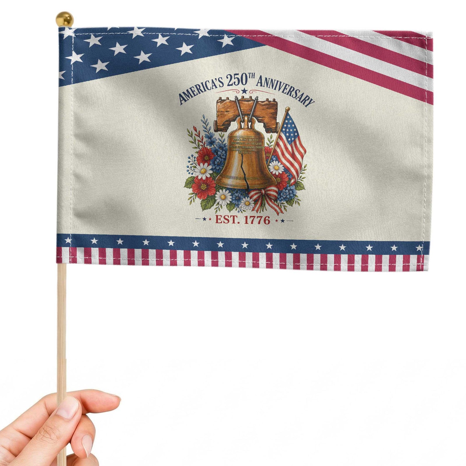 250 Anniversary Patriotic Handheld Flag Floral Liberty Bell USA 250th American 4th July 2026 TS10 Modern 8.2