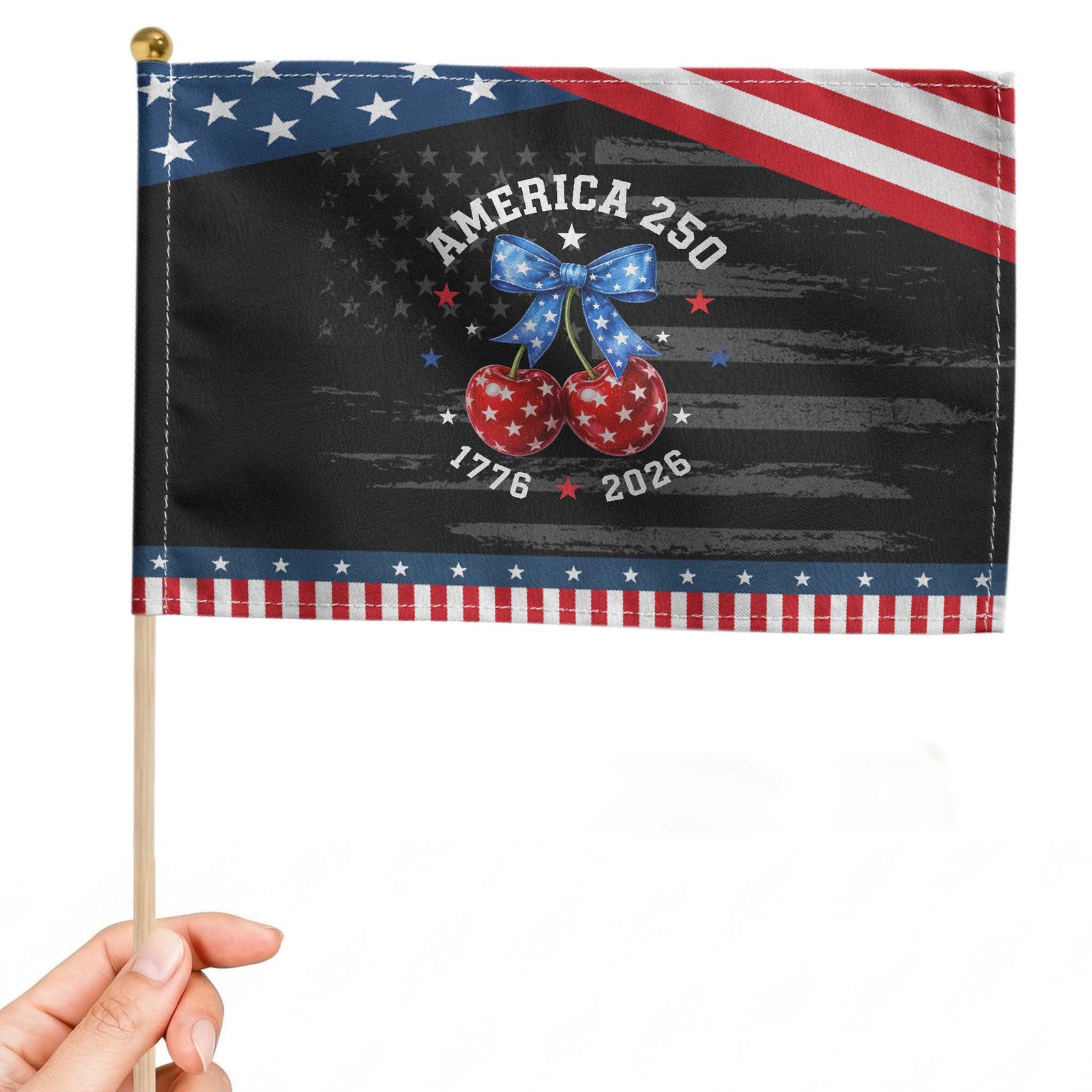 250 Anniversary USA Patriotic Handheld Flag Cherry Coquette Bow 4th Of July 1776 2026 250th Birthday TS10 Distressed 8.2