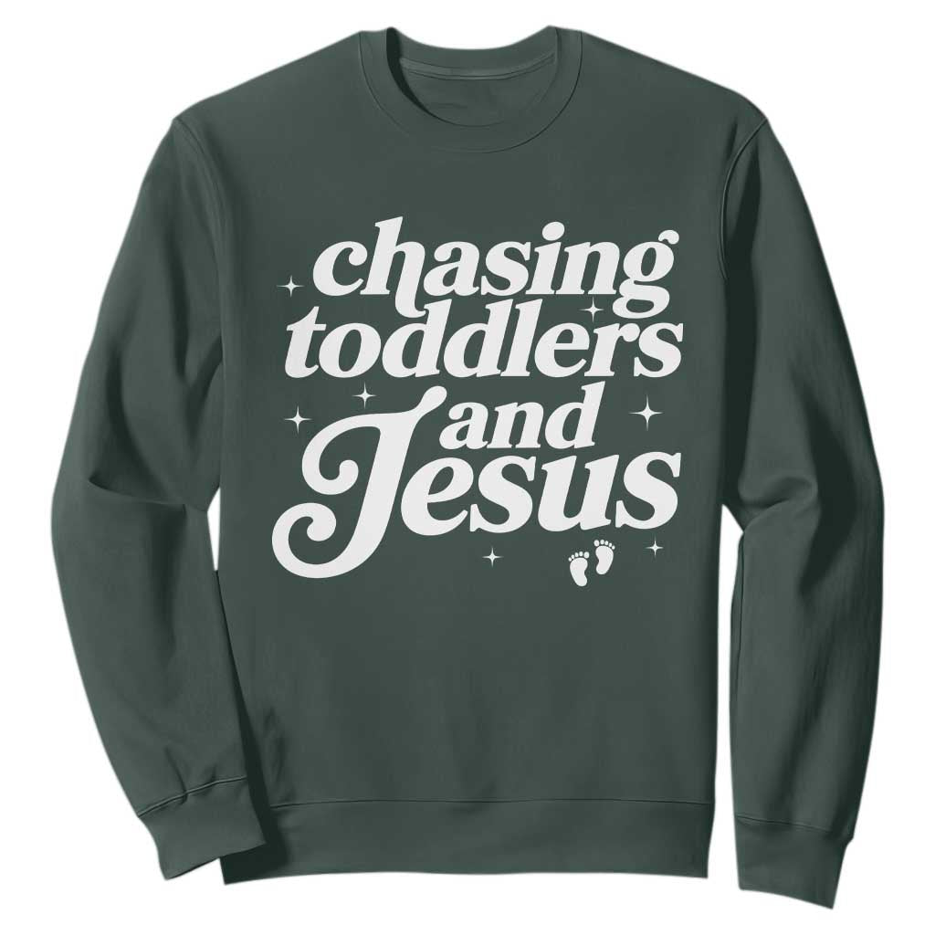 Christian Mom Sweatshirt Chasing Jesus And Toddlers TS10 Dark Forest Green Print Your Wear