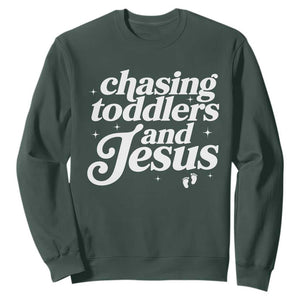 Christian Mom Sweatshirt Chasing Jesus And Toddlers TS10 Dark Forest Green Print Your Wear