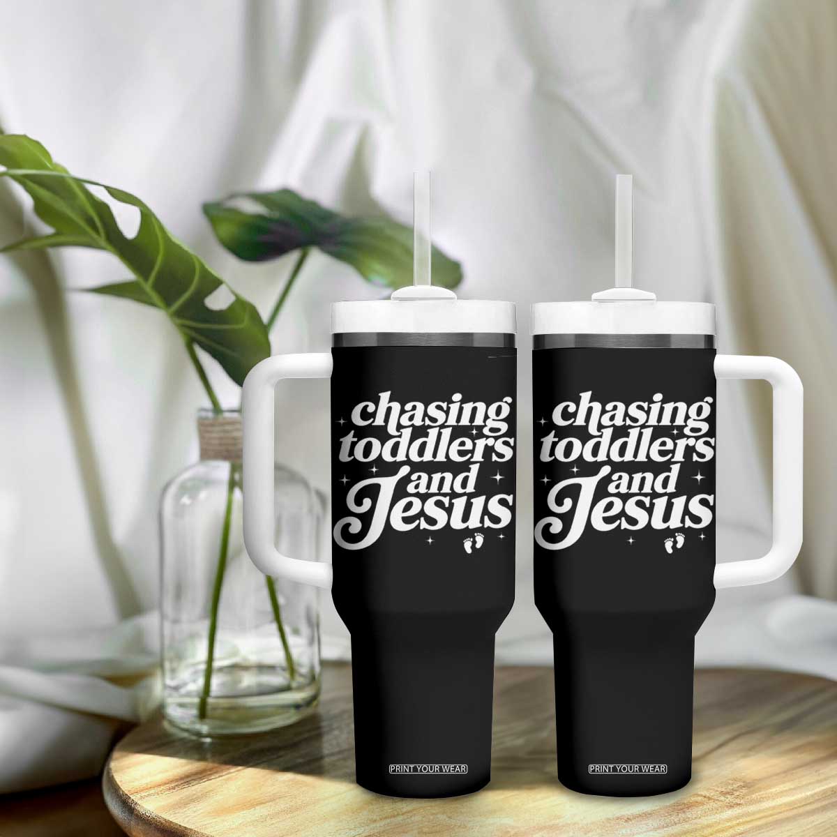 Christian Mom Tumbler With Handle Chasing Jesus And Toddlers TS10 Print Your Wear