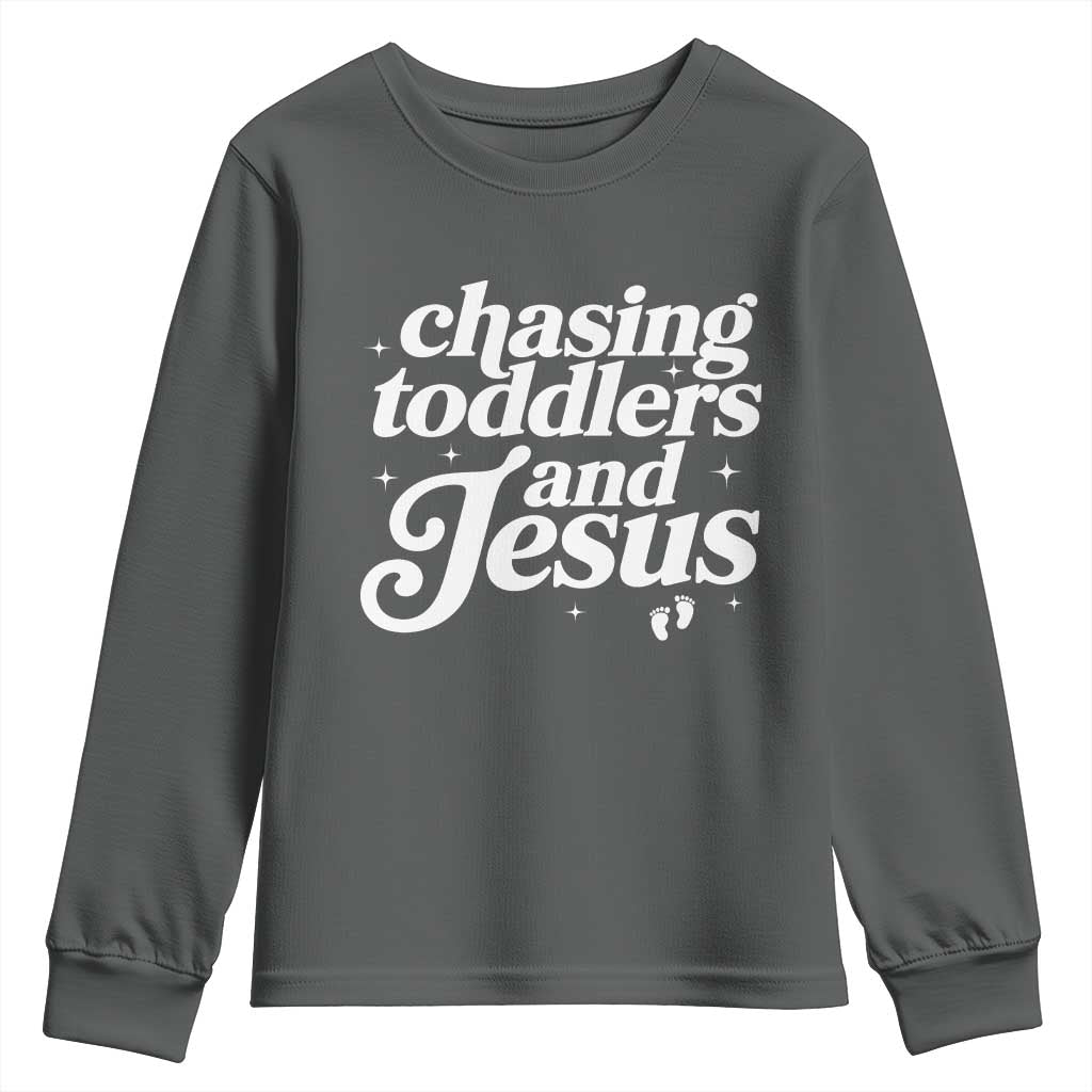 Christian Mom Youth Sweatshirt Chasing Jesus And Toddlers TS10 Dark Heather Print Your Wear