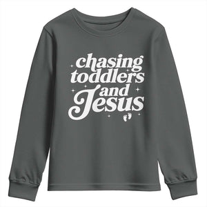 Christian Mom Youth Sweatshirt Chasing Jesus And Toddlers TS10 Dark Heather Print Your Wear