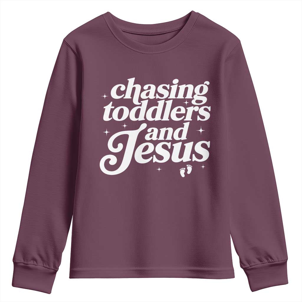 Christian Mom Youth Sweatshirt Chasing Jesus And Toddlers TS10 Maroon Print Your Wear