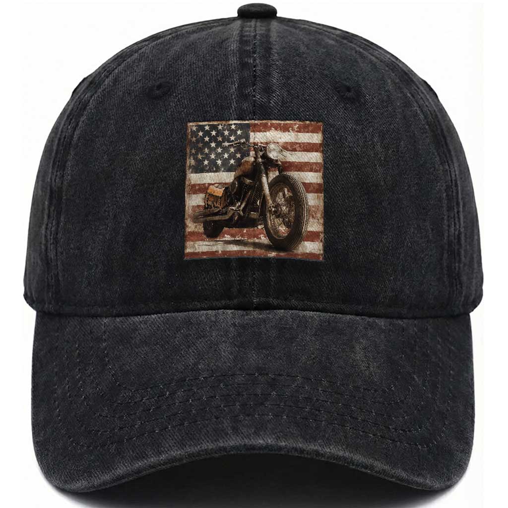American Flag Motorcycle Washed Cotton Baseball Cap Vintage Retro Biker USA 4th of July TS10 Washed Cap Universal Fit Black Print Your Wear