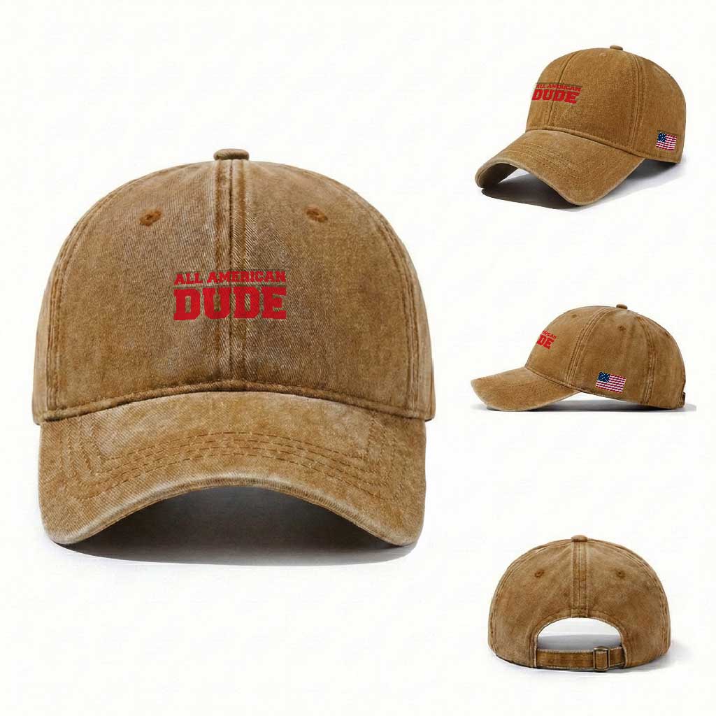 4th of July All American Dude Washed Cotton Baseball Cap TS10 Washed Cap Universal Fit Yellow Ochre Print Your Wear