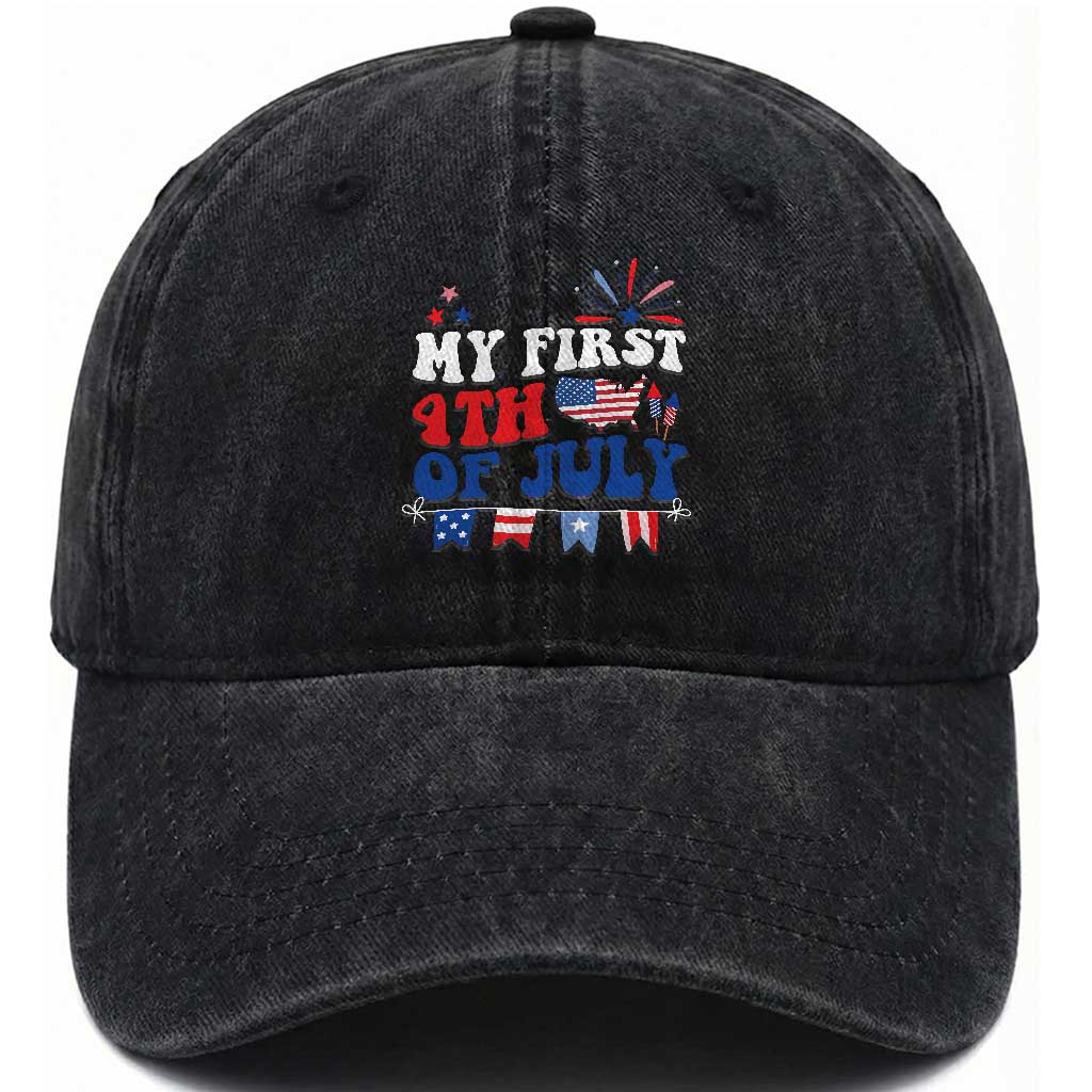Newborn My First 4th of July Washed Cotton Baseball Cap Groovy Baby Infant Neutral Outfits Stars Stripe TS10 Washed Cap Universal Fit Black Print Your Wear