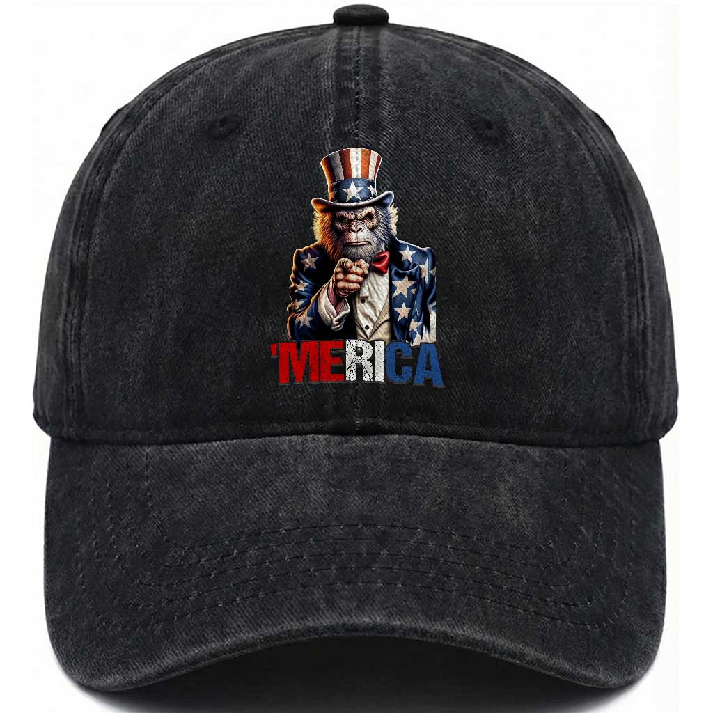 Bigfoot Merica Washed Cotton Baseball Cap American Flag Patriotic 4th Of July Uncle Sam TS10 Washed Cap Universal Fit Black Print Your Wear