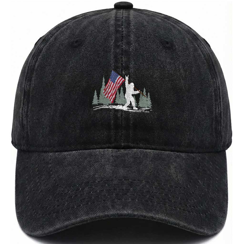 Bigfoot Washed Cotton Baseball Cap Sasquatch American Flag Patriotic TS10 Washed Cap Universal Fit Black Print Your Wear