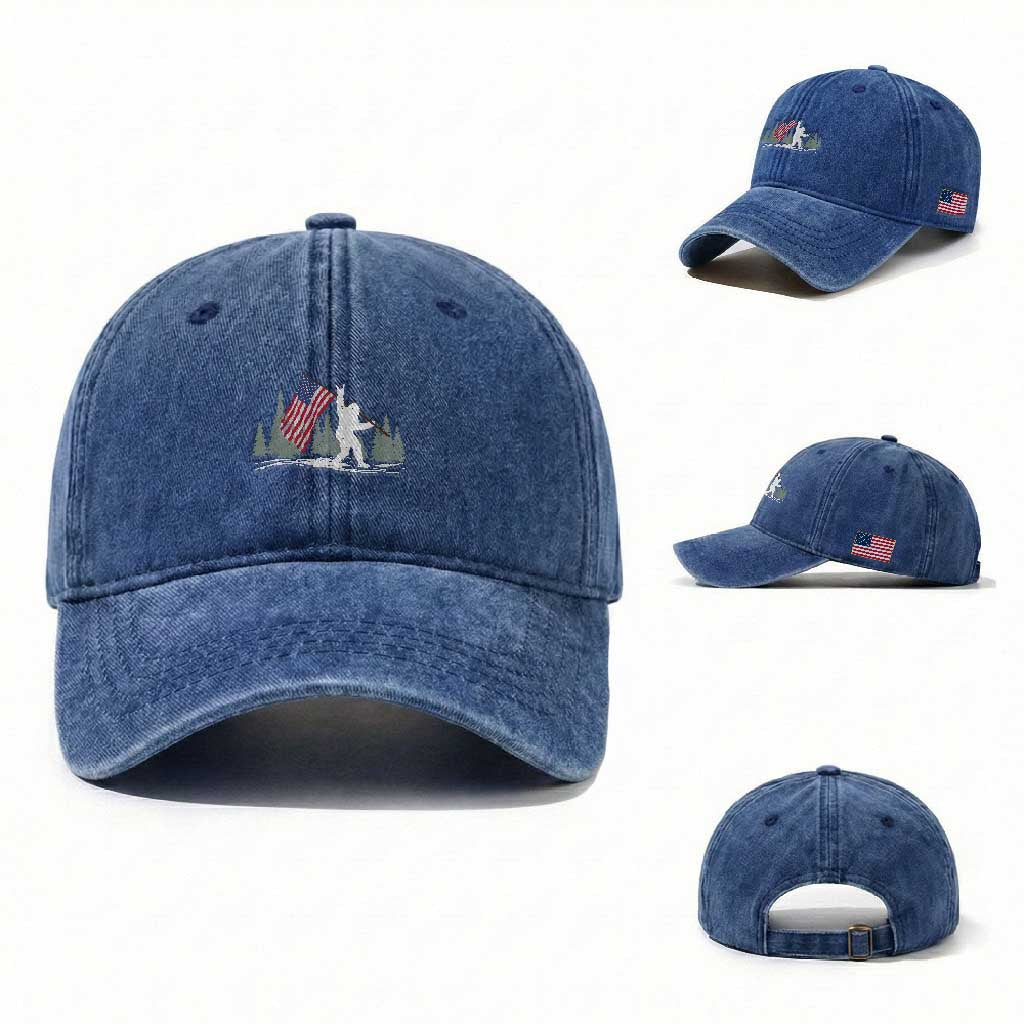 Bigfoot Washed Cotton Baseball Cap Sasquatch American Flag Patriotic TS10 Washed Cap Universal Fit Royal Blue Print Your Wear