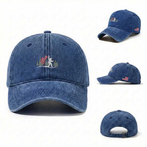 Bigfoot Washed Cotton Baseball Cap Sasquatch American Flag Patriotic TS10 Washed Cap Universal Fit Royal Blue Print Your Wear