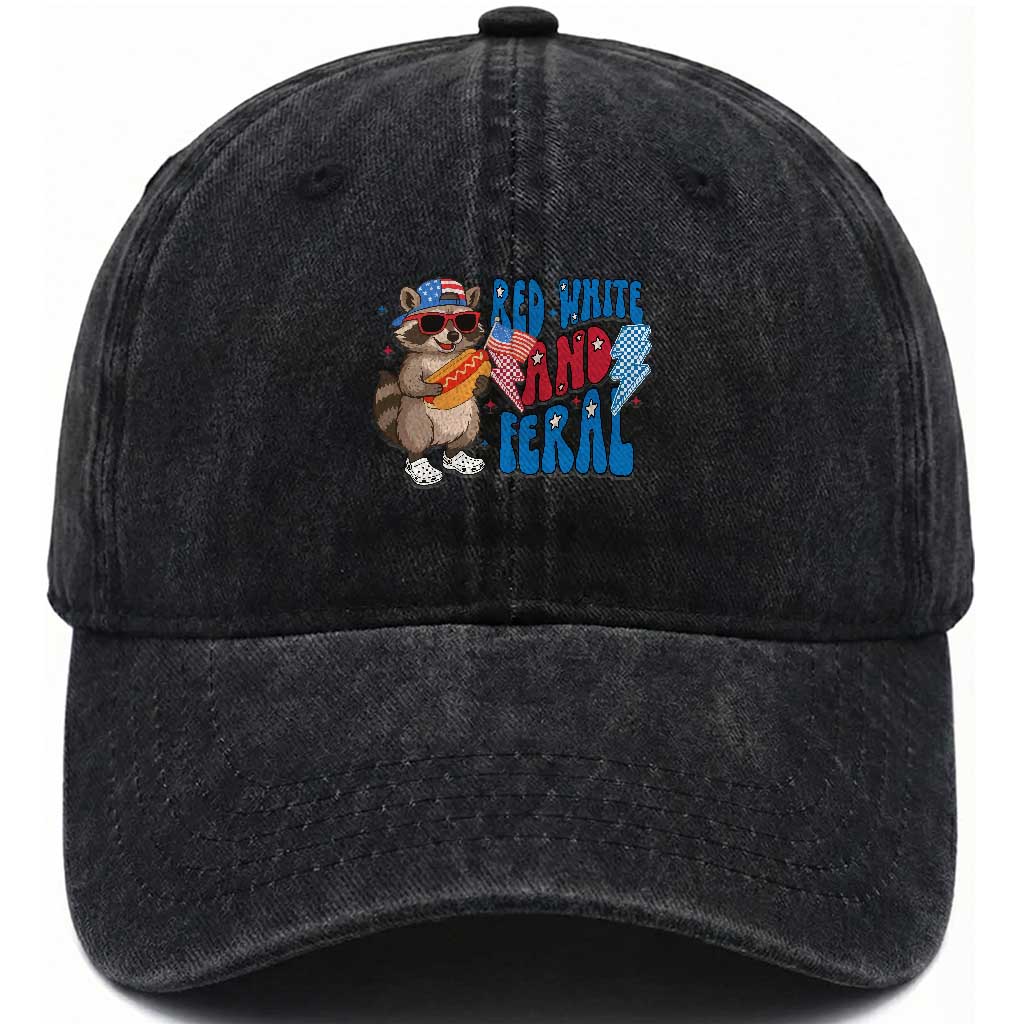 Funny Raccoon 4th of July Washed Cotton Baseball Cap Red White and Feral Patriotic TS10 Washed Cap Universal Fit Black Print Your Wear