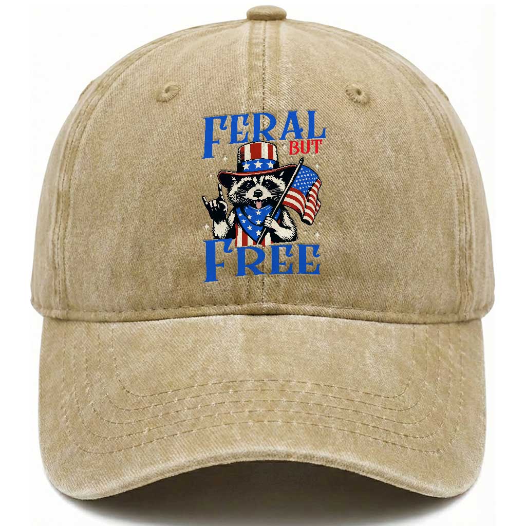 Patriotic Raccoon 4th of July Washed Cotton Baseball Cap Feral But Free USA Flag TS10 Washed Cap Universal Fit Khaki Print Your Wear