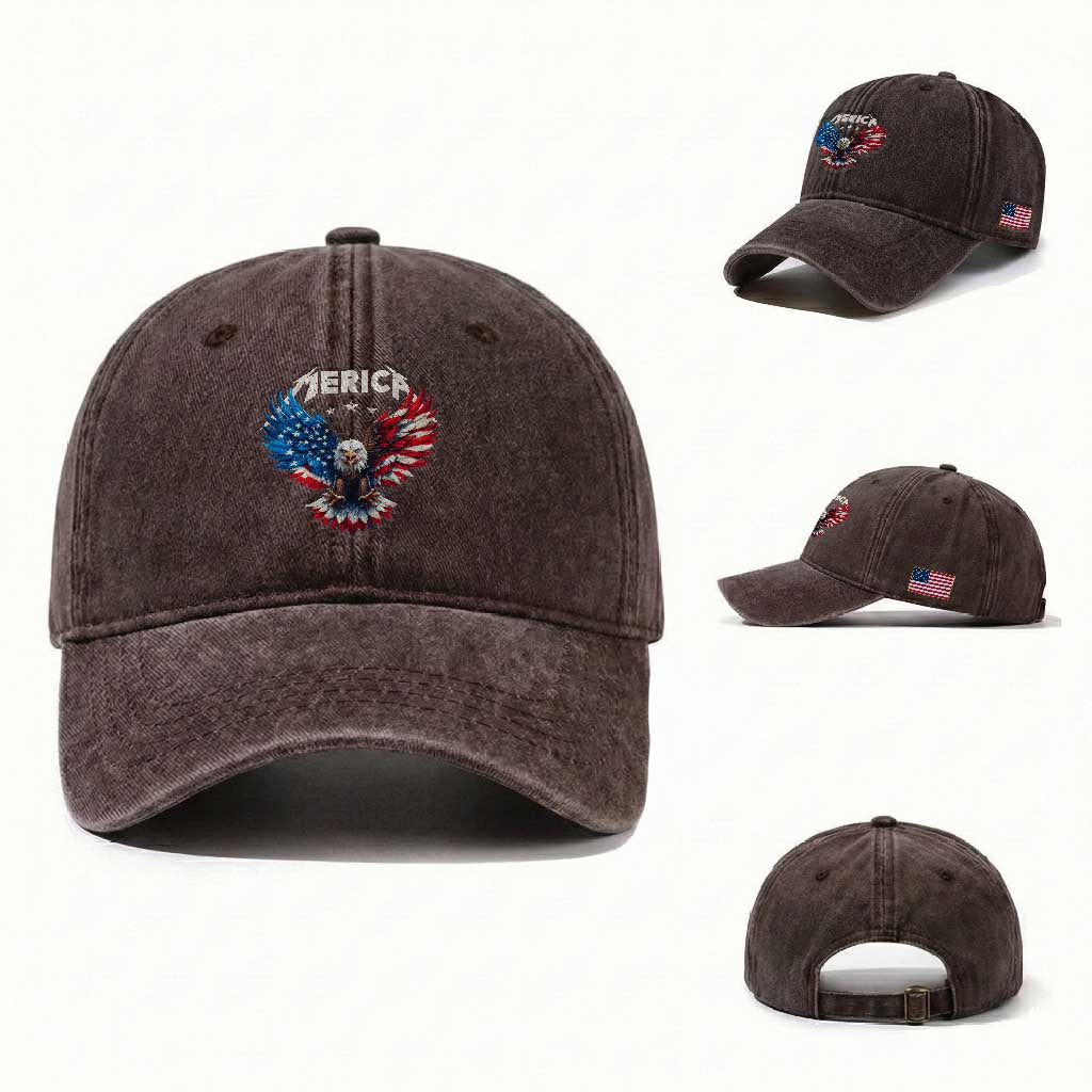 Bald Eagle Merica Washed Cotton Baseball Cap USA American Flag Patriotic 4th of July TS10 Washed Cap Universal Fit Dark Brown Print Your Wear