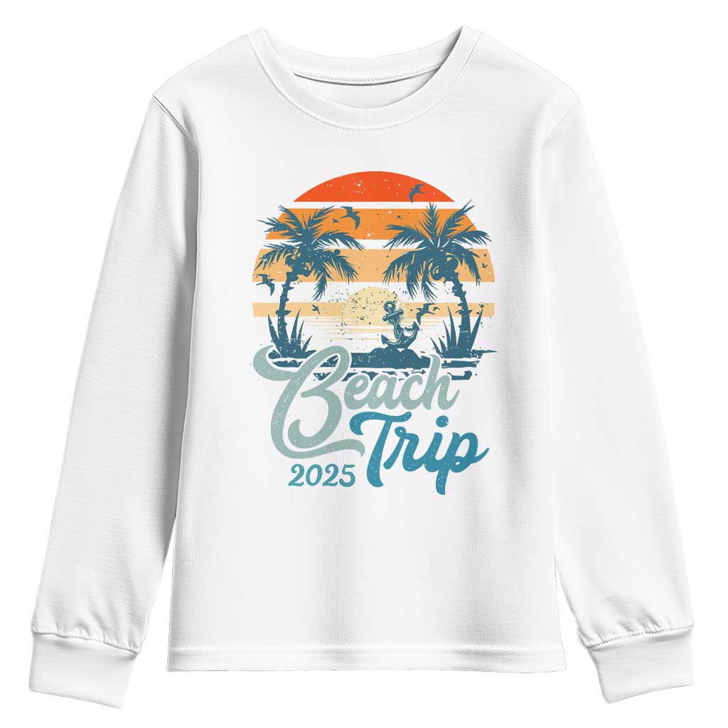 Beach Trip 2025 Youth Sweatshirt Summer Vacation Vintage 70's Retro TS10 White Print Your Wear