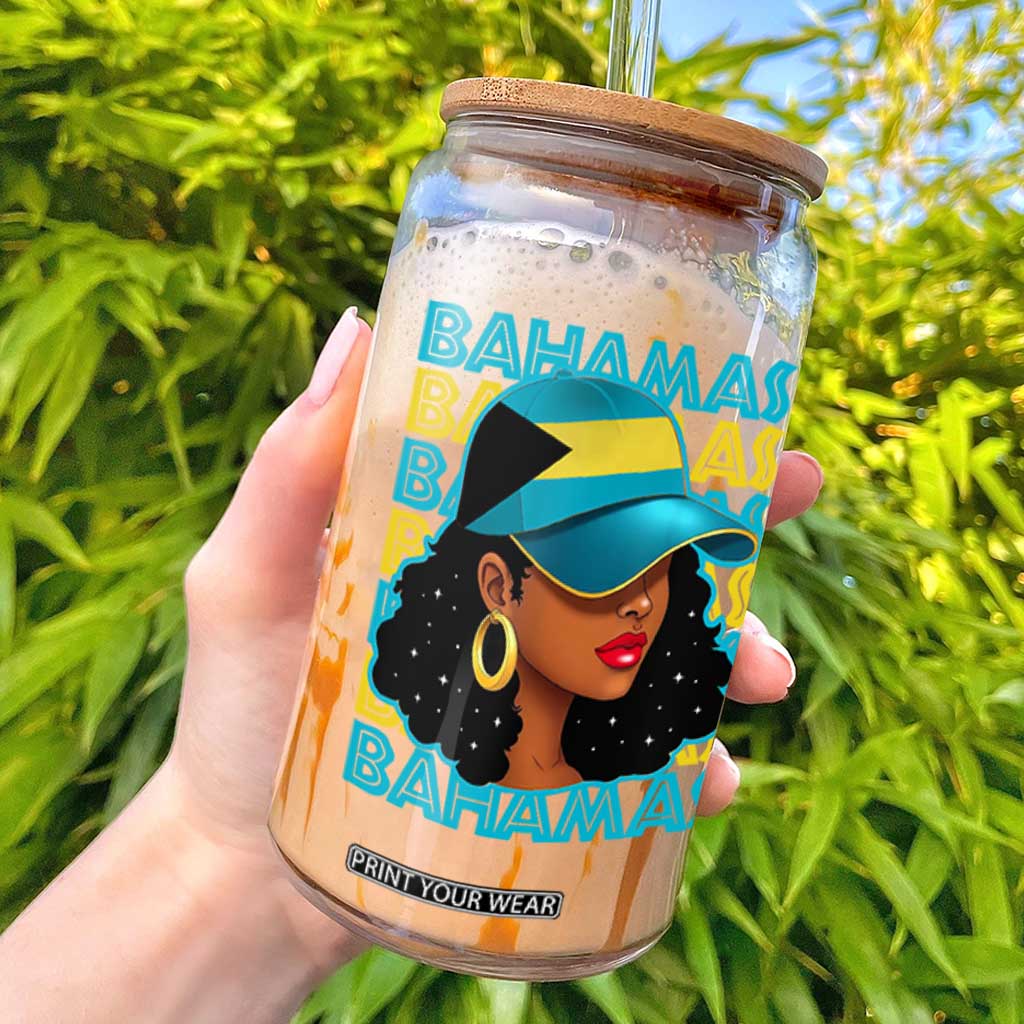 Bahamian Girl Glass Can Melanin Afro Messy Bun Black Woman Bahamas Flag TS10 Black Print Your Wear