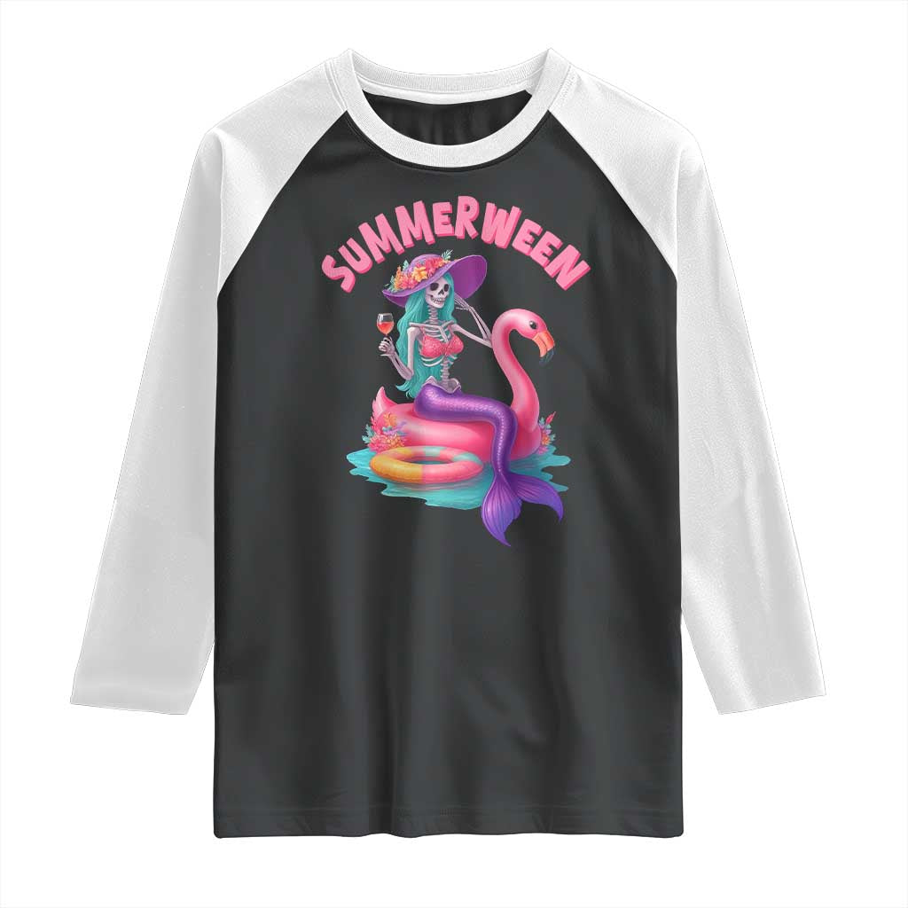 Summerween Mermaid Skeleton Raglan Shirt Beach Flamingo Halloween Girl TS10 Black White Print Your Wear